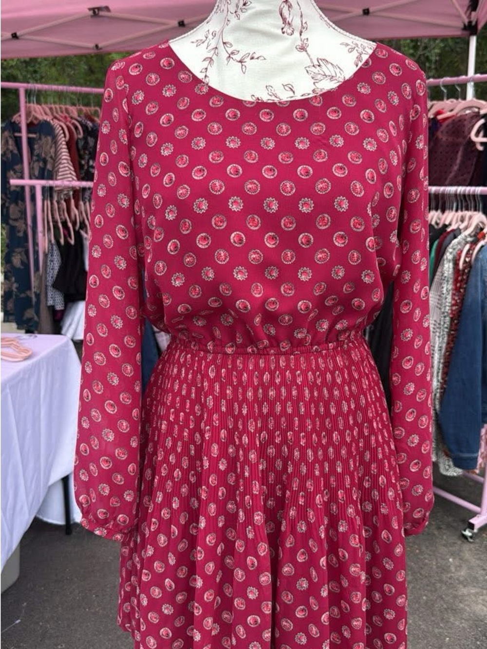 Elle Berry Red Long-Sleeve Printed Midi Dress
